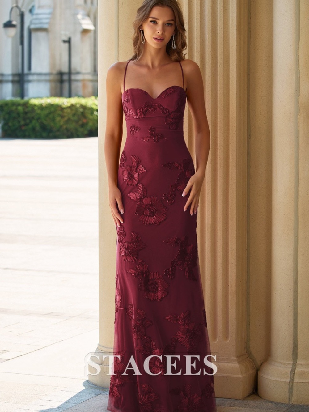 Stacees Burgundy Fitted Floral Jacquard Spaghetti Strap Prom Gown with Open Back - Picture 5 of 6